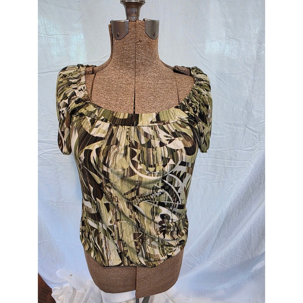 Carol Rose Short Sleeve Top Green Brown Abstract Swirl Sz M W19 L23